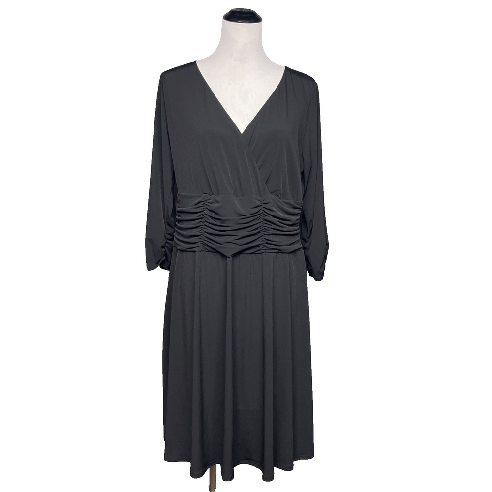B-Slim NY Collection Womens 1X Plus Size Black Ruched Faux Wrap Dress NWT A-Line